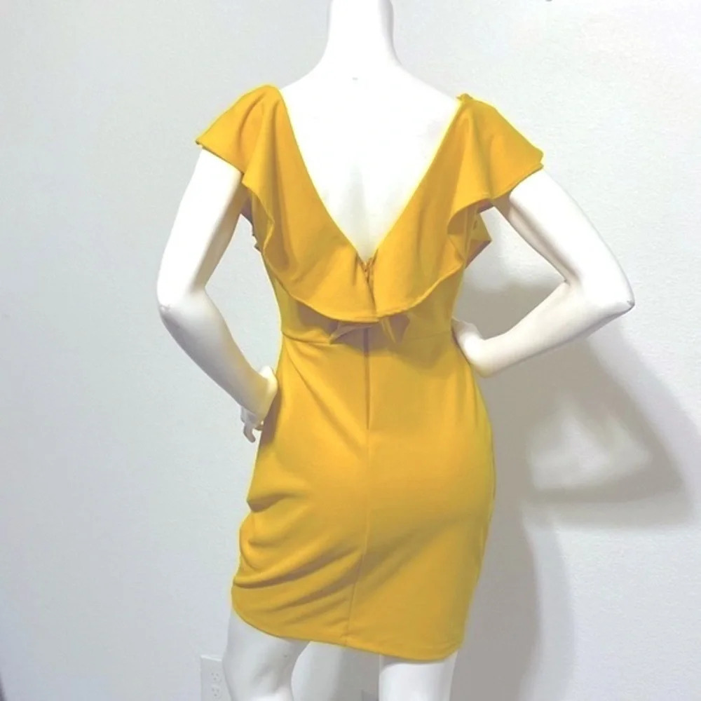 Symphony NEW Mustard Yellow Bodycon Ruffle Mini Dress Size L - Picture 4 of 9